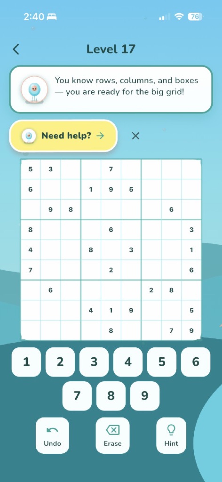 Sudoku Adventure 9×9 board with number pad and coach