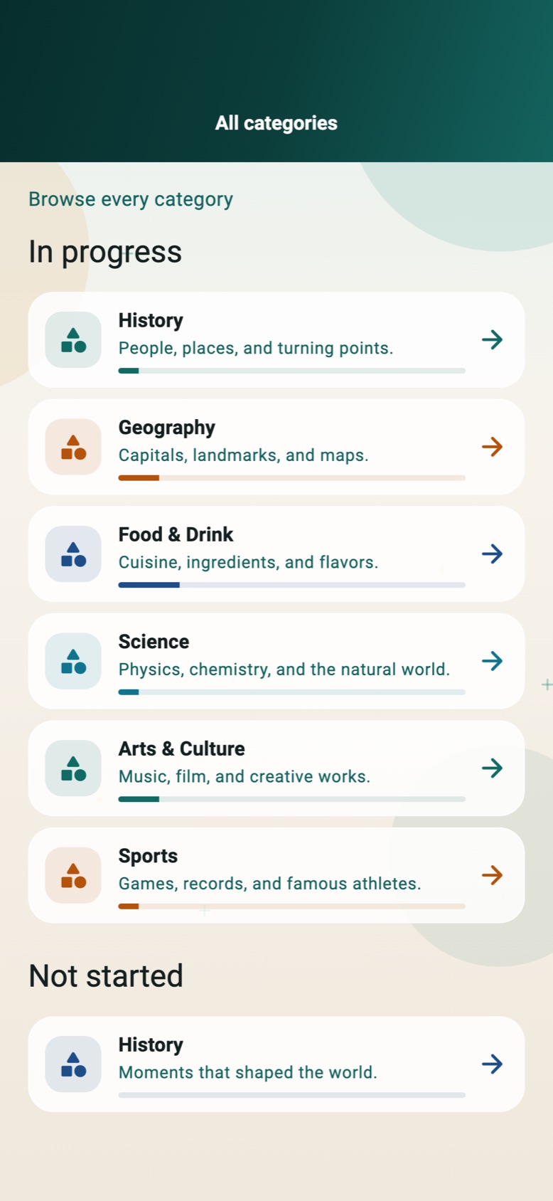 Trivia Quest category list with Science, Geography, History, and more
