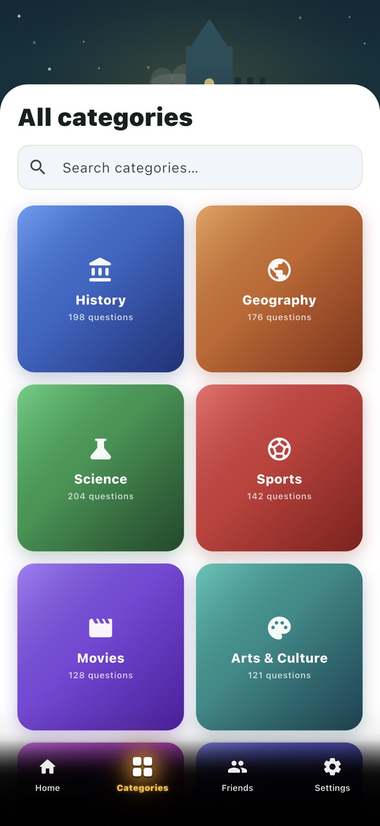 Trivia Quest category grid with Science, Geography, History, and more
