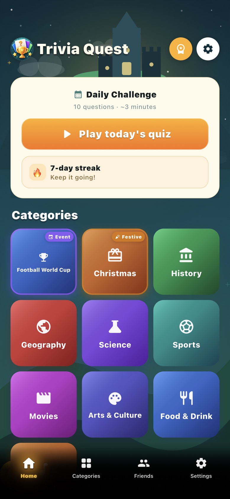 Trivia Quest Daily Challenge home screen on an iPhone