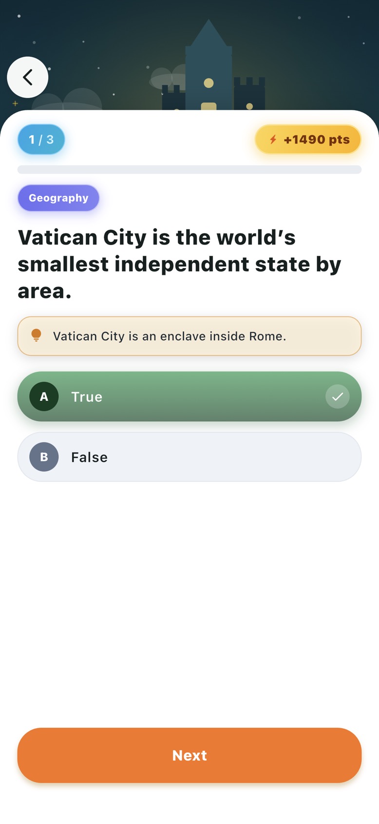 Trivia Quest question with a short explanation after answering